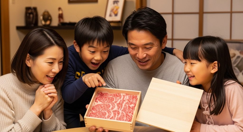 お取り寄せした黒毛和牛の木箱入りの牛肉ギフトに喜ぶ家族