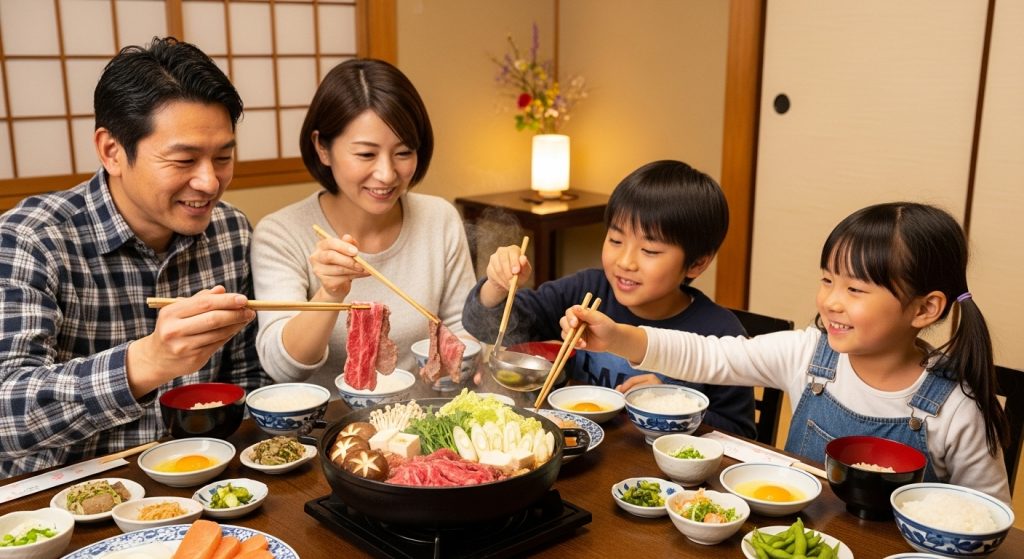 お取り寄せした黒毛和牛のすき焼き用の牛肉を食べる家族