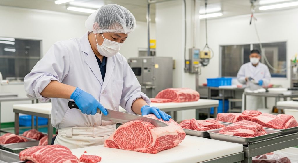 食肉工場で黒毛和牛の牛肉をカットする精肉職人