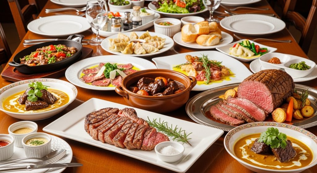 黒毛和牛のステーキ、ビーフシチュー、カレー、ローストビーフなどの様々な牛肉料理が並ぶテーブル