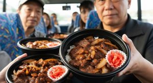 バスの車内で豚捨の牛丼弁当を食べる団体旅行の参加者