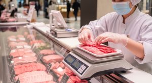 精肉店の女性スタッフが黒毛和牛のすき焼き肉を計量している姿