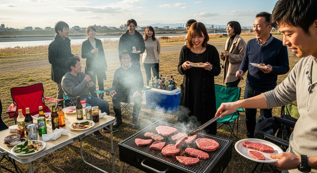 バーベキューで牛肉を焼いて盛り上げるグループ